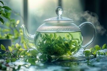 Glass teapot with freshly brewed green tea surrounded by fresh herbs
