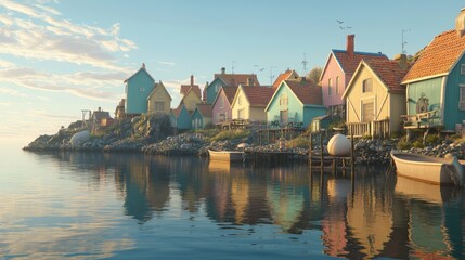 small fishing village with pastel-coloured houses reflected in the calm aquamarine waters at dawn