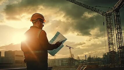 Construction worker reviewing blueprints at sunset with a crane and city skyline in background