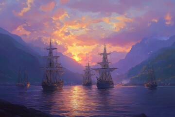 Ships moored in a harbor under soft golden light against a deep purple sky of early sunset