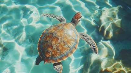 The aged beauty of a sea turtles shell captured up close as it gracefully moves through a school of shimmering fish in clear waters