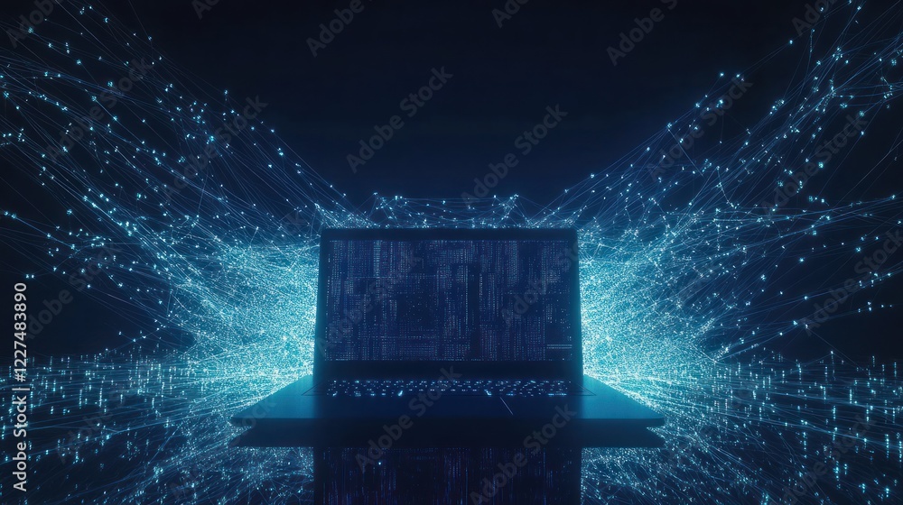 Aufkleber laptop with data streams, dark background for technology, ai or web use