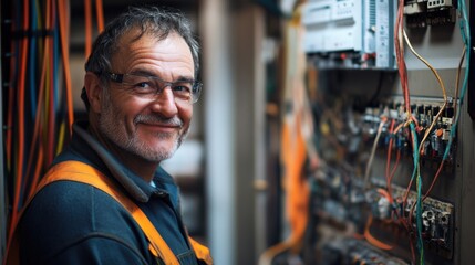 Smiling electrician working on a colorful wiring panel at a busy worksite, showcasing expertise and confidence in electrical maintenance.