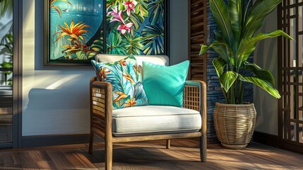 Cozy indoor seating area featuring a stylish chair, decorative pillows, tropical artwork, and greenery