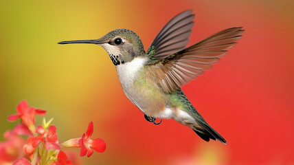Fototapeta premium Close up of colorful hummingbird mid flight, showcasing its vibrant feathers and delicate wings against blurred floral background. image captures beauty and grace of nature