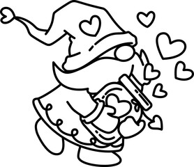 Hand drawn cute valentine love gnome cartoon doodle outline 