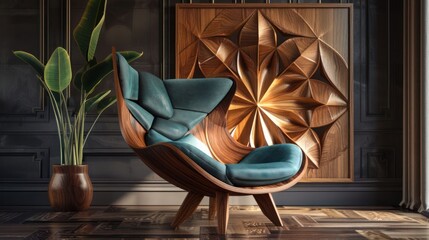 Modern wooden chair with teal cushions in a stylish interior featuring a carved wooden wall art