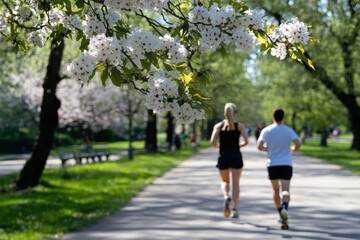 Obraz premium A couple jogs together in a park, surrounded by beautiful blooming trees, emphasizing health and vitality in a vibrant spring setting filled with joy.