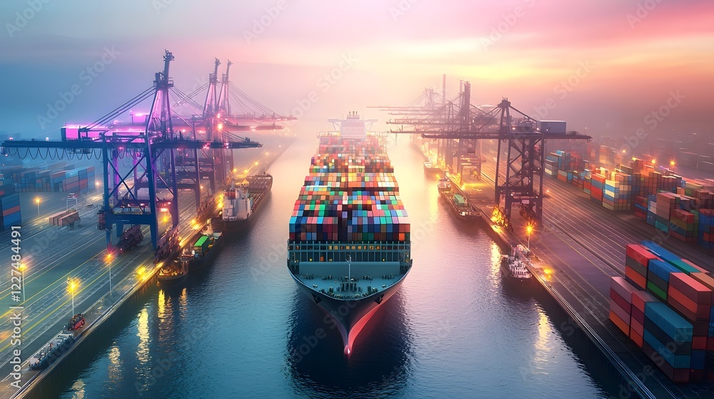 Poster Aerial view of a modern automated maritime terminal with AI powered logistics digital freight tracking and a web like network of shipping routes containers