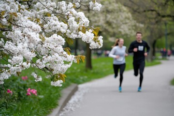 Obraz premium A couple enjoys jogging together in a picturesque spring park decorated with blooming cherry blossoms, showcasing the beauty of love and fitness.