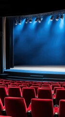Interior of a theater with red seats and blue stage lighting.