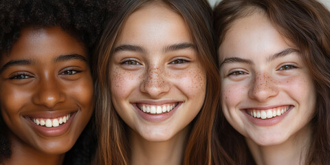 Close-up Portrait of Three Smiling Young Women with Different Skin Tones