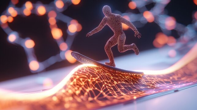 Futuristic Digital Human Surfing a Data Wave Innovative Technology Concept