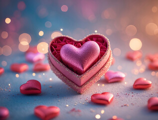 Obraz premium Vibrant Gift Box with Glittery Heart Ornament Resting on a Smooth Pink Theme wallpaper aesthetic love inspiration