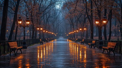 Rainy autumn park path, lamps reflect, twilight