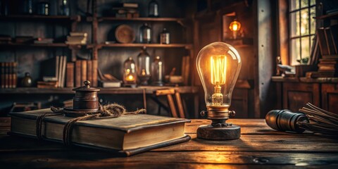 Old vintage light bulb sitting on a dark wooden table in a dimly lit room with some old books and antique items surrounding it, antique furniture, nostalgic atmosphere