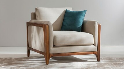 Modern armchair with wooden frame and teal cushion in a minimalist interior setting