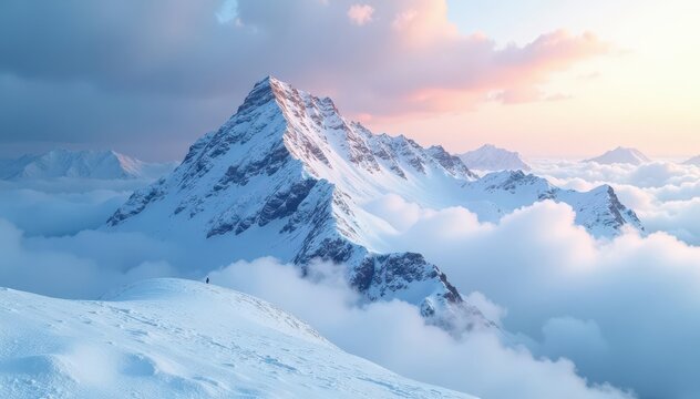 Snow-capped ridge with rolling clouds and icy mist, serene, icy, mist