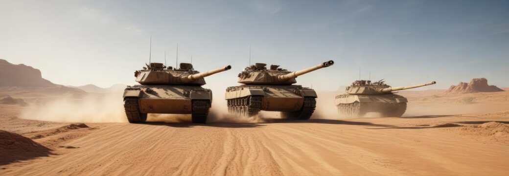 Realistic illustration of tanks advancing in the desert, advancing, illustration, military, white