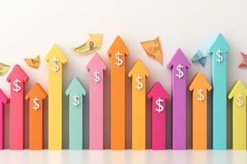 A colorful depiction of a graph with fluctuating trends, with arrows and dollar signs indicating financial change, illustrated on a crisp white background