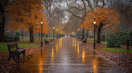 Gordijnen Rainy autumn park path, London, England © makappa