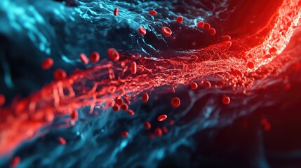 A detailed cross-section of a vein, showing red blood cells traveling through the vein, with clear visibility of the vein wall layers and structure