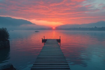 Obraz premium Wooden pier over calm lake during colorful sunset