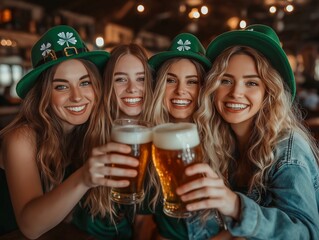 Group of female friends wearing green and toasting with beer at a St Patricks Day pub celebration