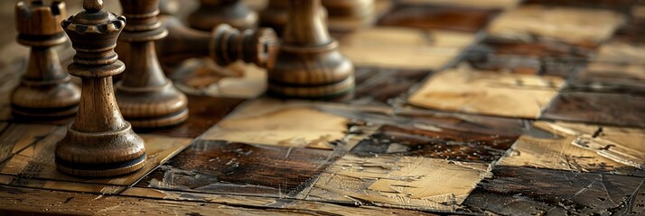 A close-up of wooden chess pieces on a worn chessboard. The image captures a sense of strategy, history, and traditional gameplay.

