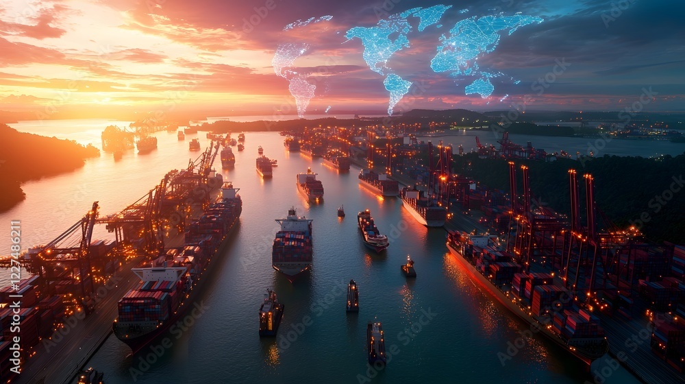 Poster futuristic nighttime aerial view of a smart port where automated cranes self guided cargo trucks