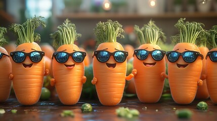 A row of happy carrot characters wearing sunglasses provides a fun background for healthy food.