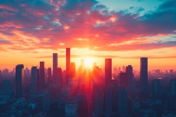 Fototapeta premium Urban skyline at sunset with vibrant orange and pink hues