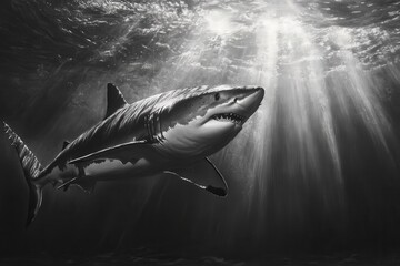 The majestic shark swims through shimmering ocean waters, its movements fluid and powerful.