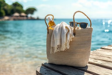Beach day essentials in woven bag on sunny seaside pier