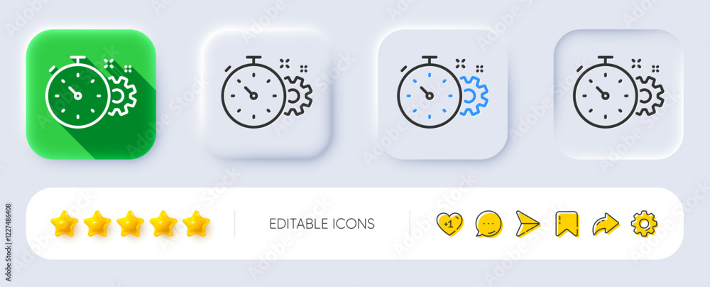 Poster cogwheel with timer line icon. neumorphic, flat shadow, 3d buttons. engineering tool sign. cog gear 