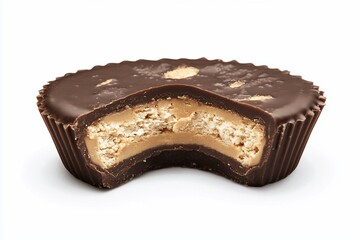 Close-up of a chocolate confection with a creamy filling, showcasing its texture and layers