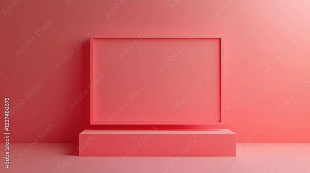 Poster pastel red 3d rectangular frame with floating pan and minimalist background design