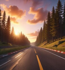 Naklejka premium Race track surrounded by tall trees and colorful sky at sunset, sky, dusk, sunset