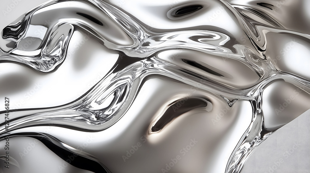 Poster macro view of flowing chrome liquid showcasing fluid dynamics and reflective surfaces. generative ai