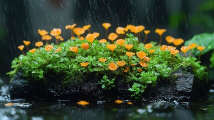 Fototapeta premium Orange Mushrooms Growing on Mossy Log in Rain Beautiful Nature Scene