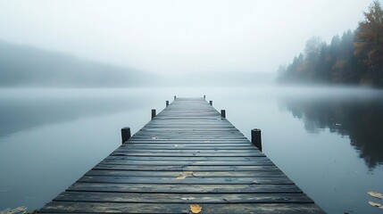 Cinematic serenity foggy lake dock tranquil landscape nature photography peaceful atmosphere wide view