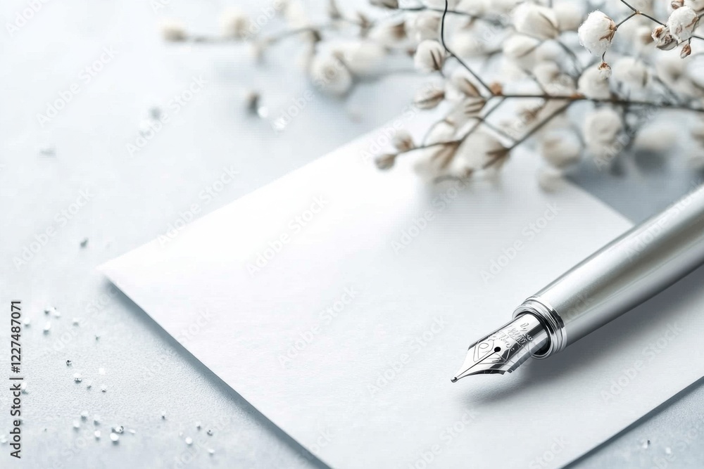 Poster A clean design of a handwritten letter with a pen resting diagonally across it, rendered with minimal shading and soft tones