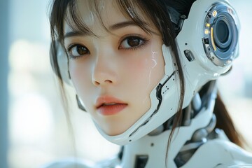 Fototapeta premium Futuristic portrait of a female cyborg with glowing details