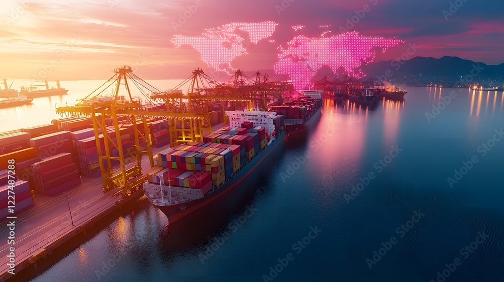 Fototapete Futuristic top down view of a shipping port where advanced robotics and coordinate logistics  A holographic world map node network connects global trade hubs