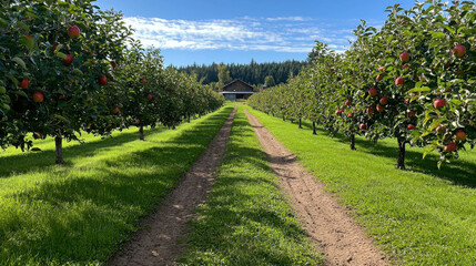 Peaceful Apple Orchard in the Countryside with Vibrant Green Rows Under Clear Blue Sky