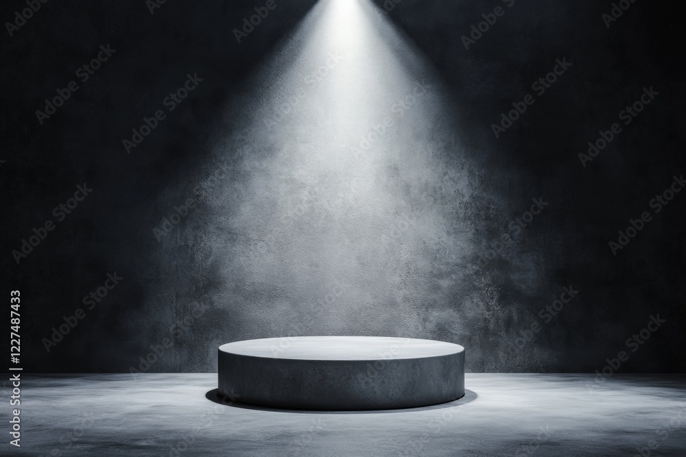 Poster a clean design of a single spotlight shining down on a small podium, with all other areas left in sh