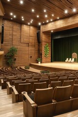 Modern auditorium with wooden interior and elegant seating layout.