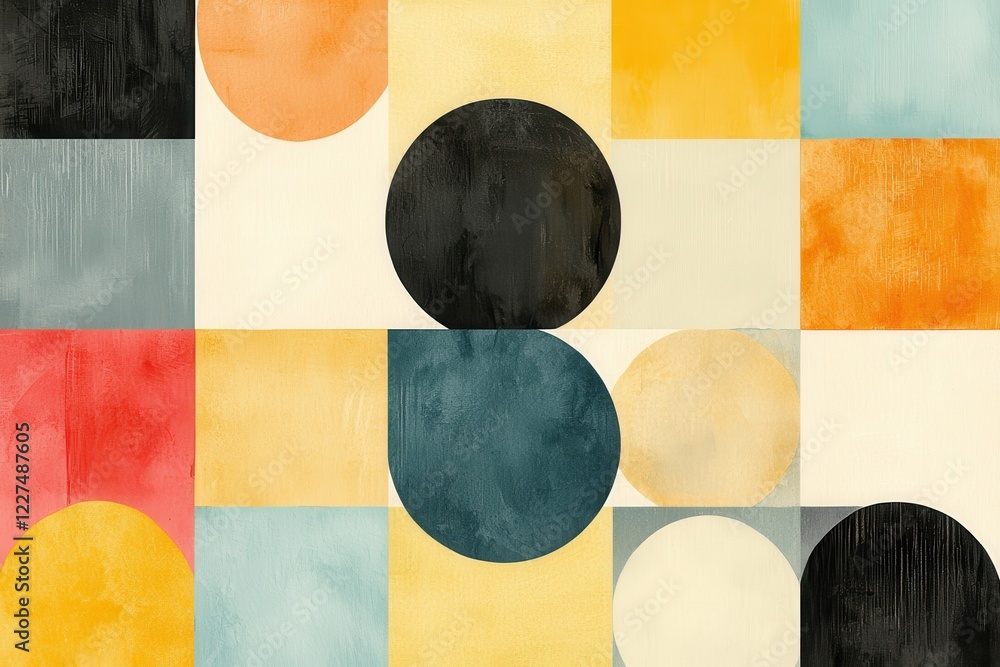Poster a vibrant abstract artwork featuring geometric shapes and a palette of warm and cool colors, creatin