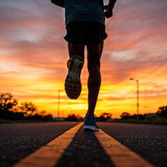A cinematic close-up of a runner's feet hitting the pavement during a sunrise jog, dynamic motion, motivational tone