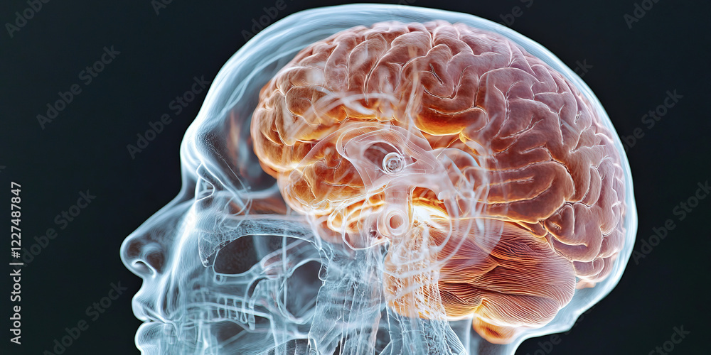 Poster digital rendering of human brain within translucent skull